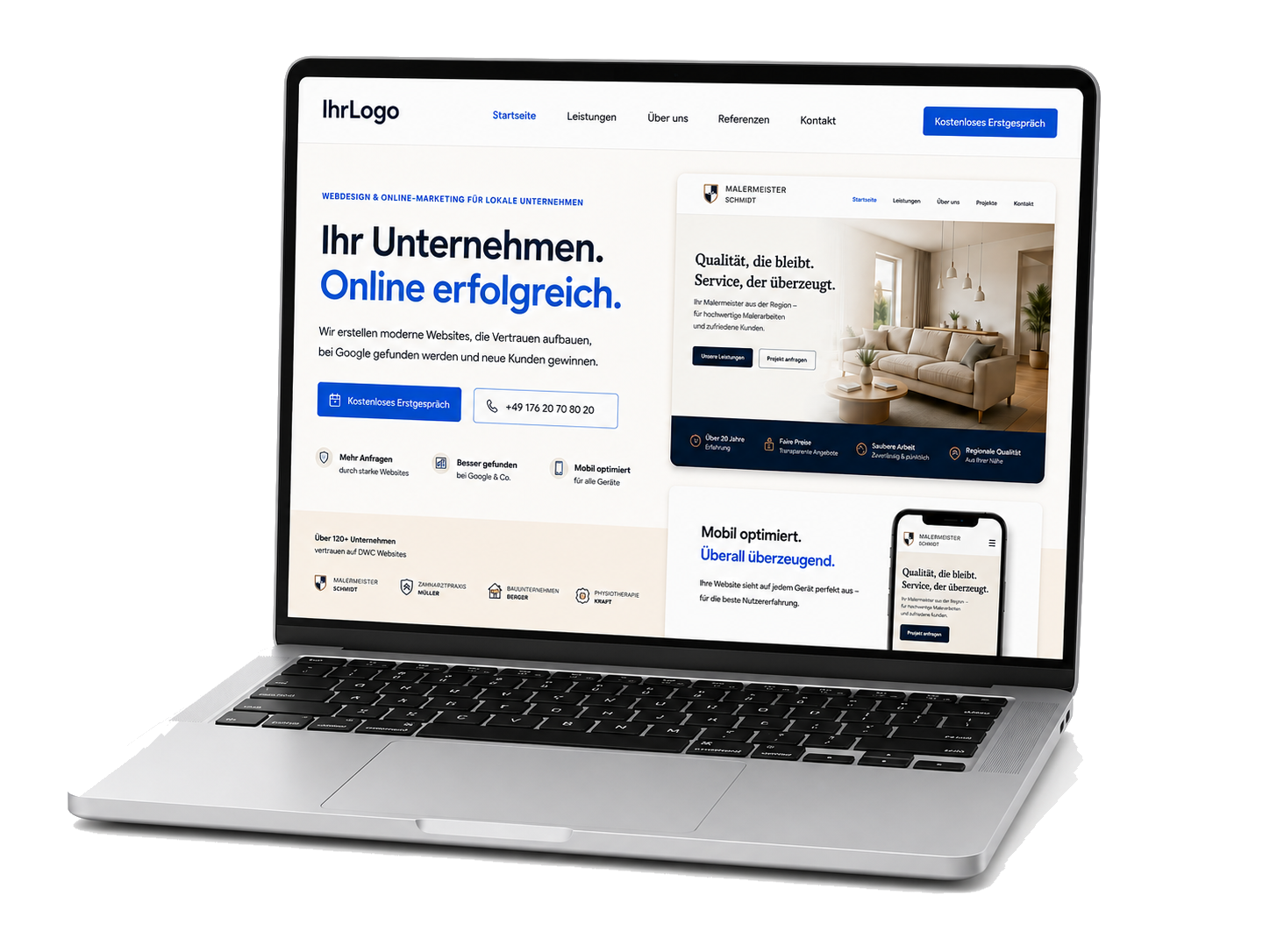 Vorschau einer modernen Unternehmens-Website von DWC auf einem Laptop
